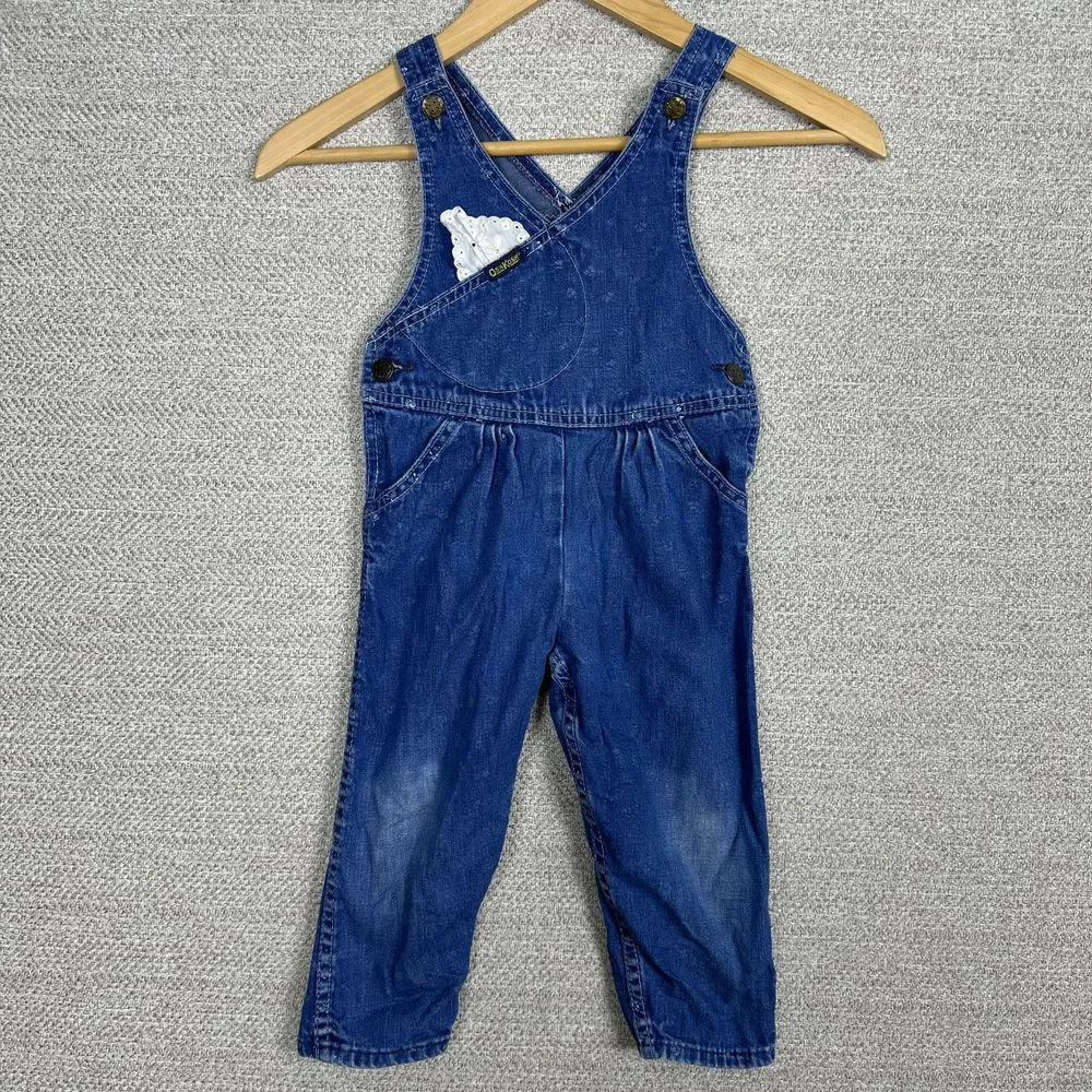 Vtg Osh‎ Kosh B'Gosh Sz 3T Girls Vestback Denim Overalls Blue Lace USA Union Tag